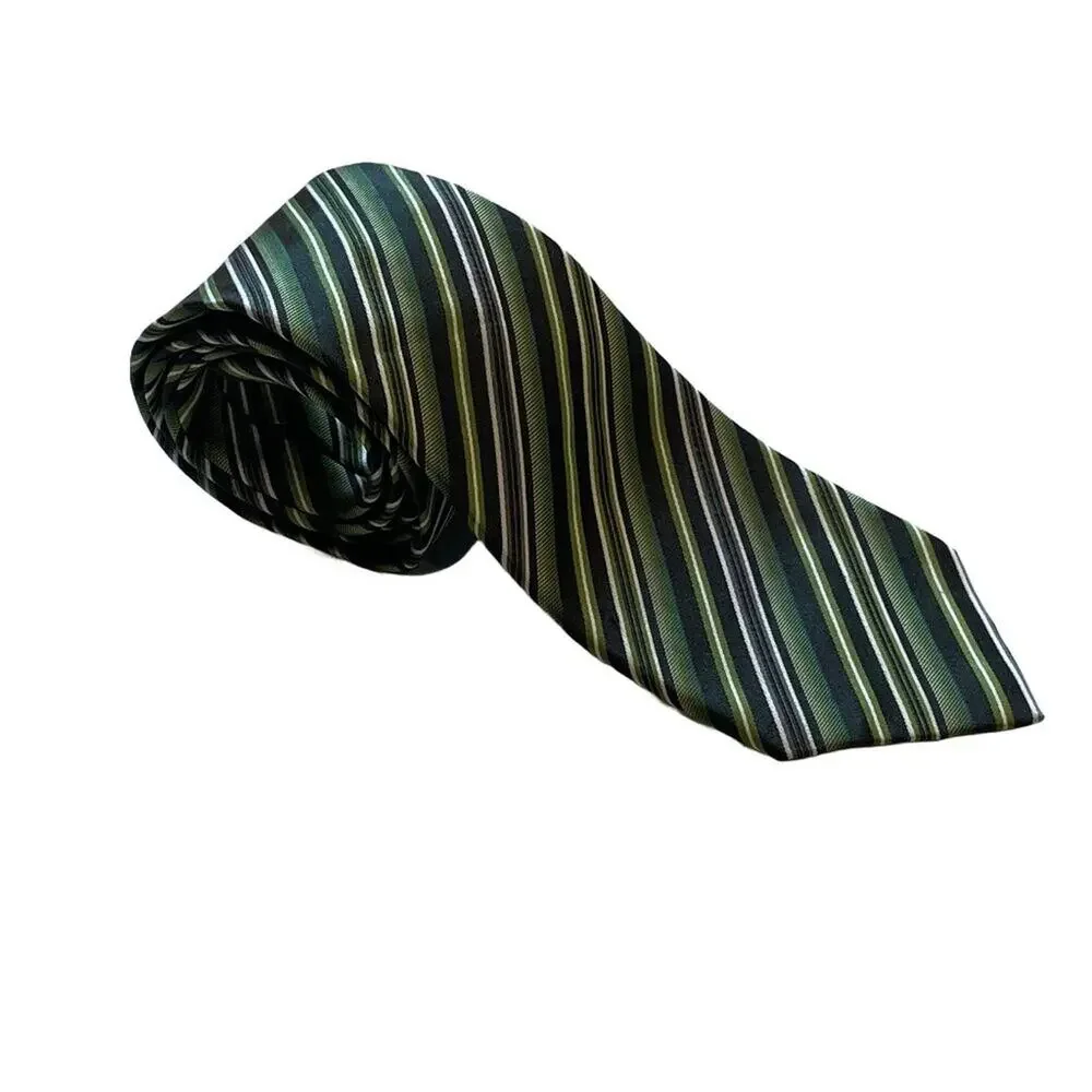 Geoffrey Beene Green Gray Stripe Silk Tie, Minimalist, Preppy, Classic 57